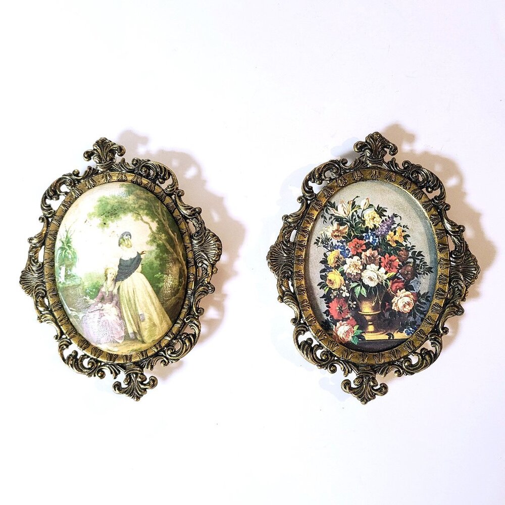Pair Of 1950s Florentine Mini Brass Picture Frames, Made In Italy, 6" Tall